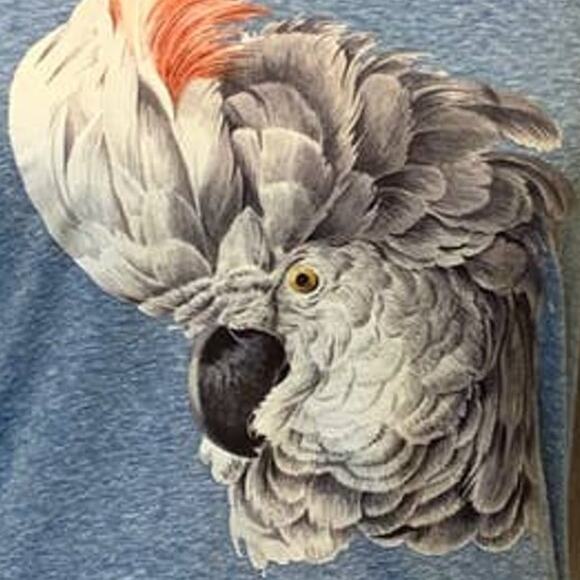 Upcycled Hand Printed Medium White Cockatoo Parrot Ukraine Artist Fundraiser Tee - Picture 2 of 4
